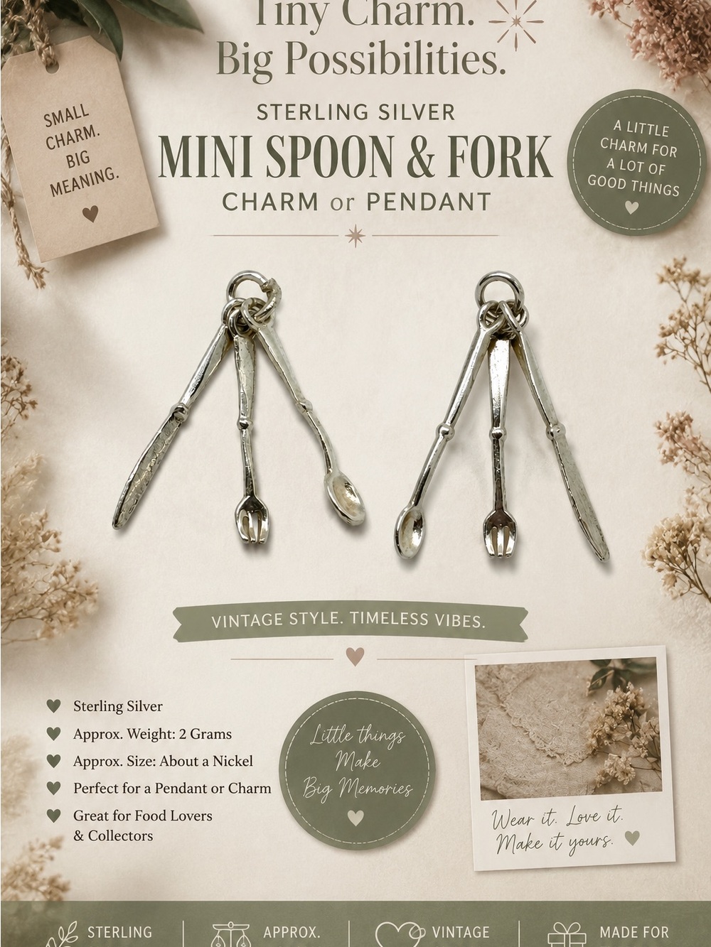 Sterling Silver Mini Spoon & Fork Charm Pendant - Silver